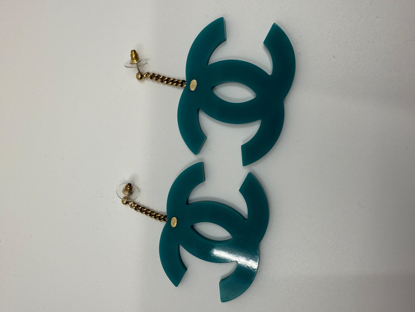 Chanel 2001 Vintage Teal Blue Green Jumbo CC Lucite XL Pierced Earrings