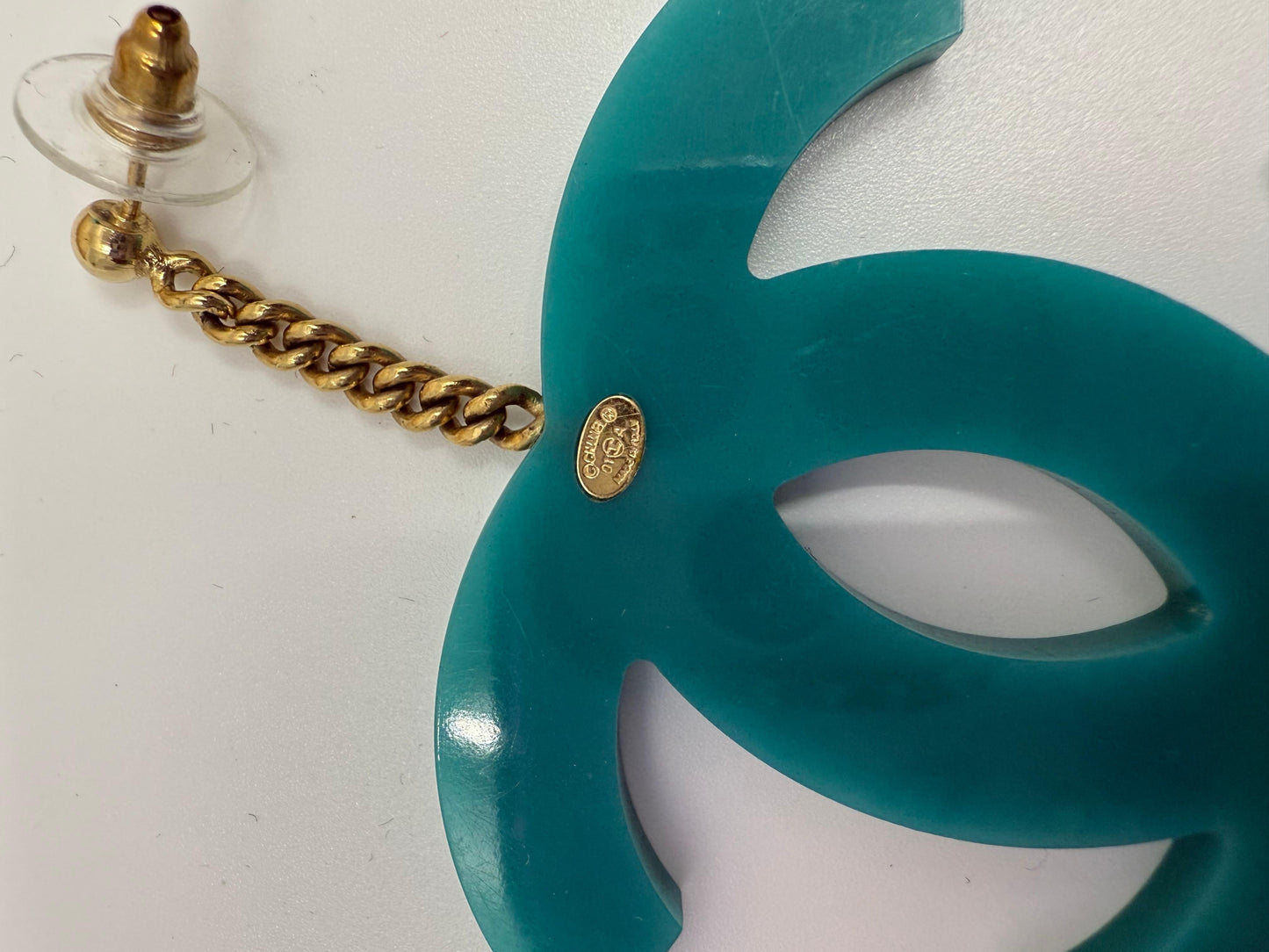 Chanel 2001 Vintage Teal Blue Green Jumbo CC Lucite XL Pierced Earrings