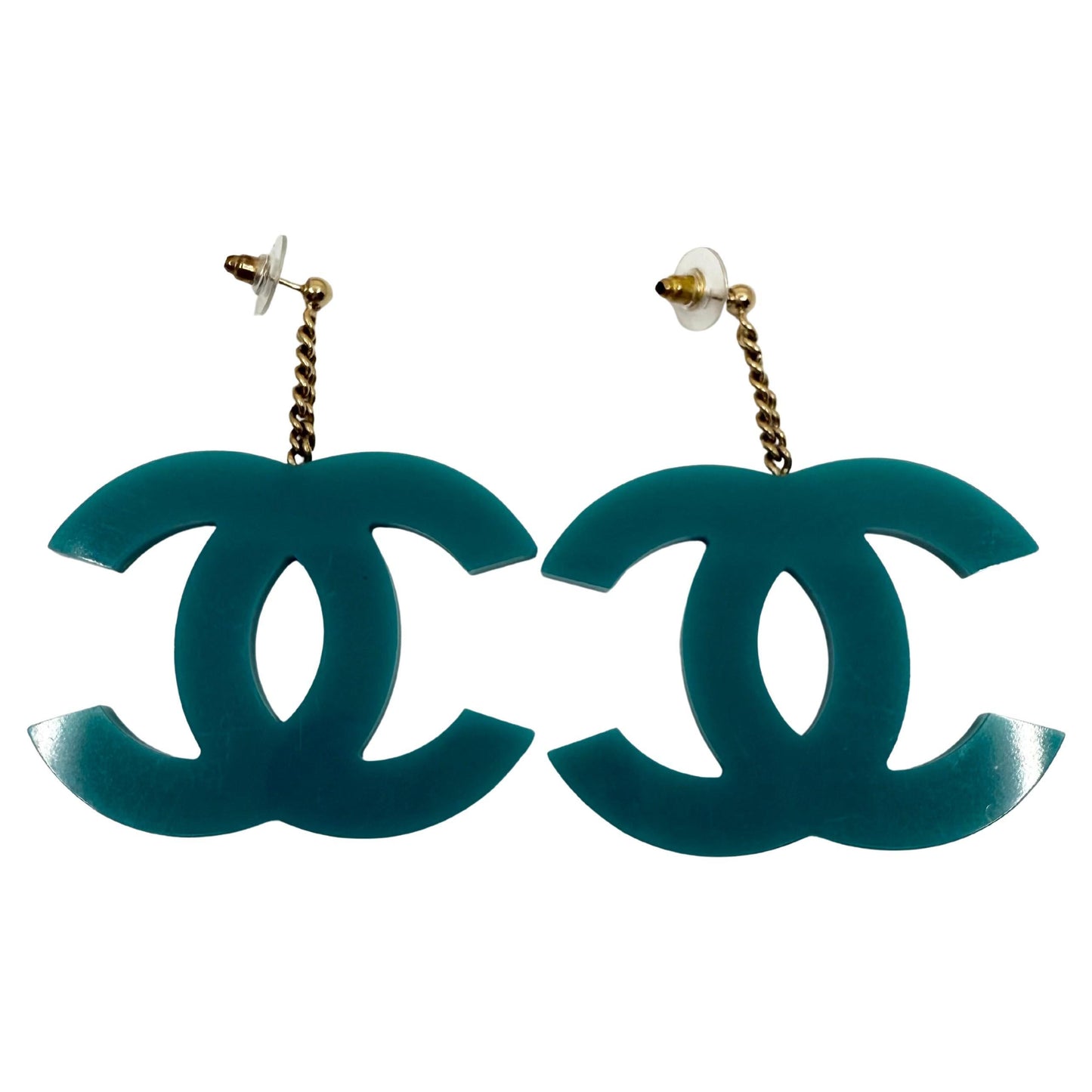 Chanel 2001 Vintage Teal Blue Green Jumbo CC Lucite XL Pierced Earrings