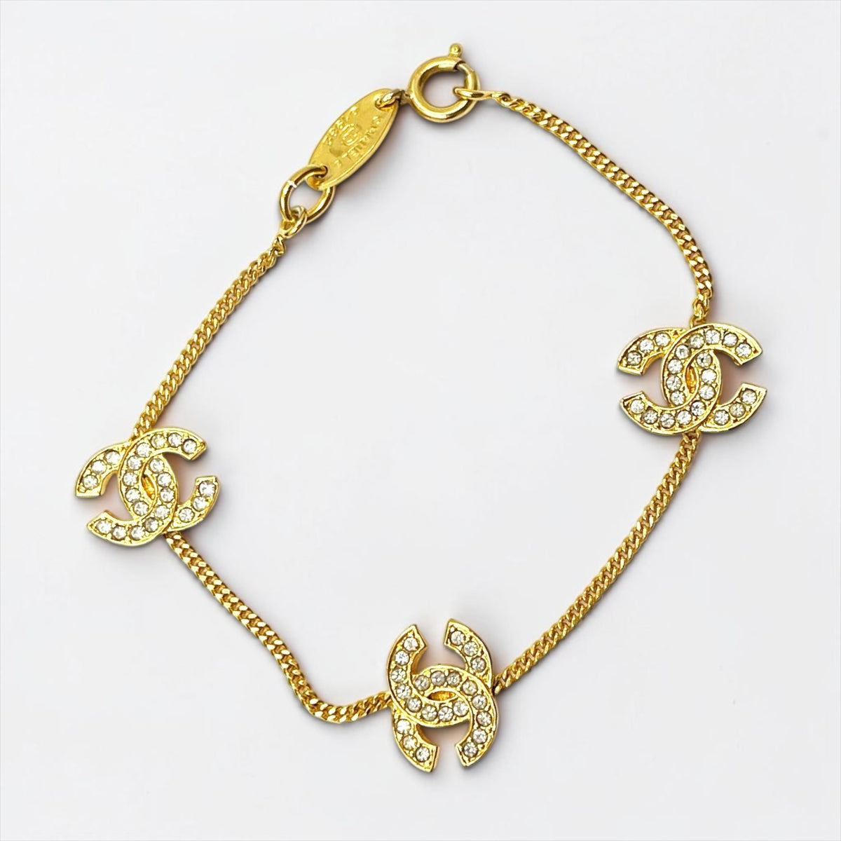 Chanel Vintage 1982 3 CC Crystal Gold Plated Bracelet