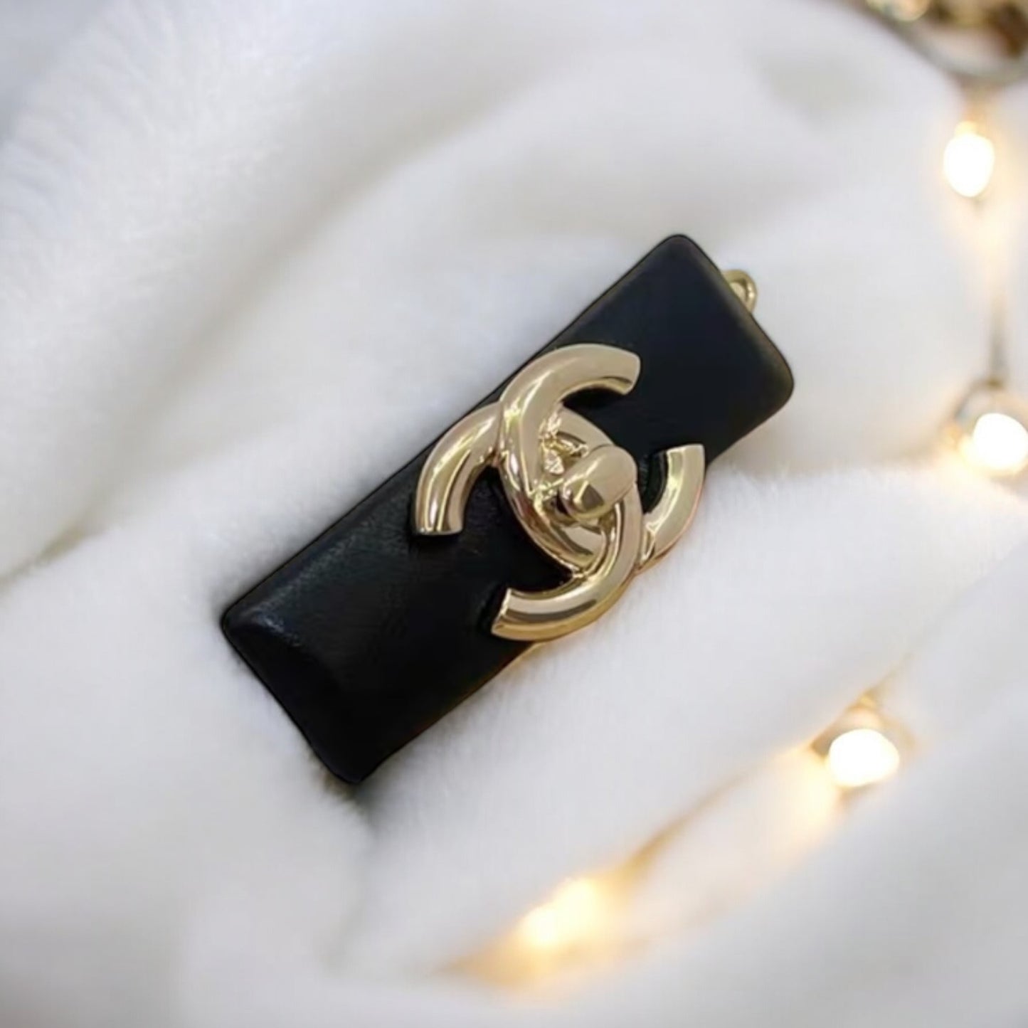 Chanel 2021 Jumbo Turnlock Black Lambskin Hair Clip Barrette