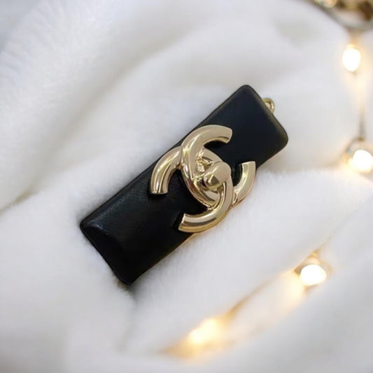 Chanel 2021 Jumbo Turnlock Black Lambskin Hair Clip Barrette