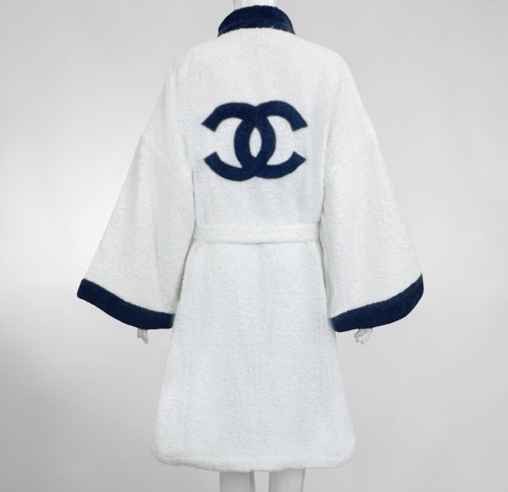 Chanel Vintage 1992 White TerryCloth Bathrobe Coat w/drawstring