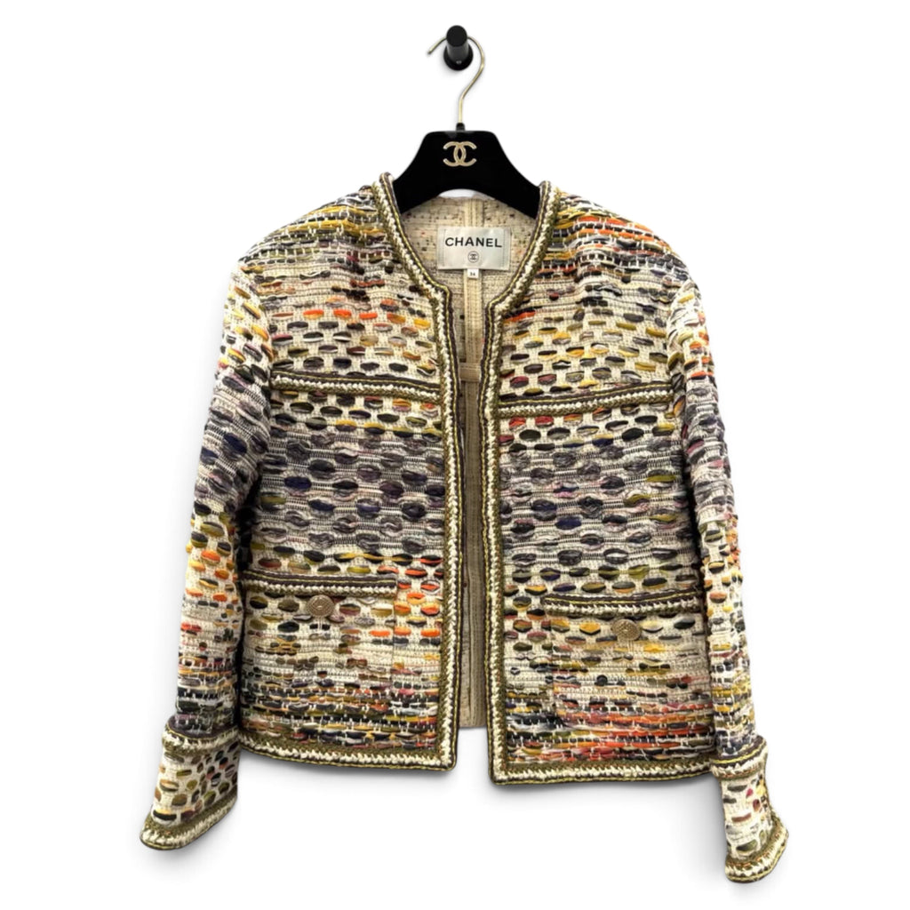 Chanel 2017 Paris Cuba Runway Khaki Multicolor Open-Weave Tweed Jacket Size 36