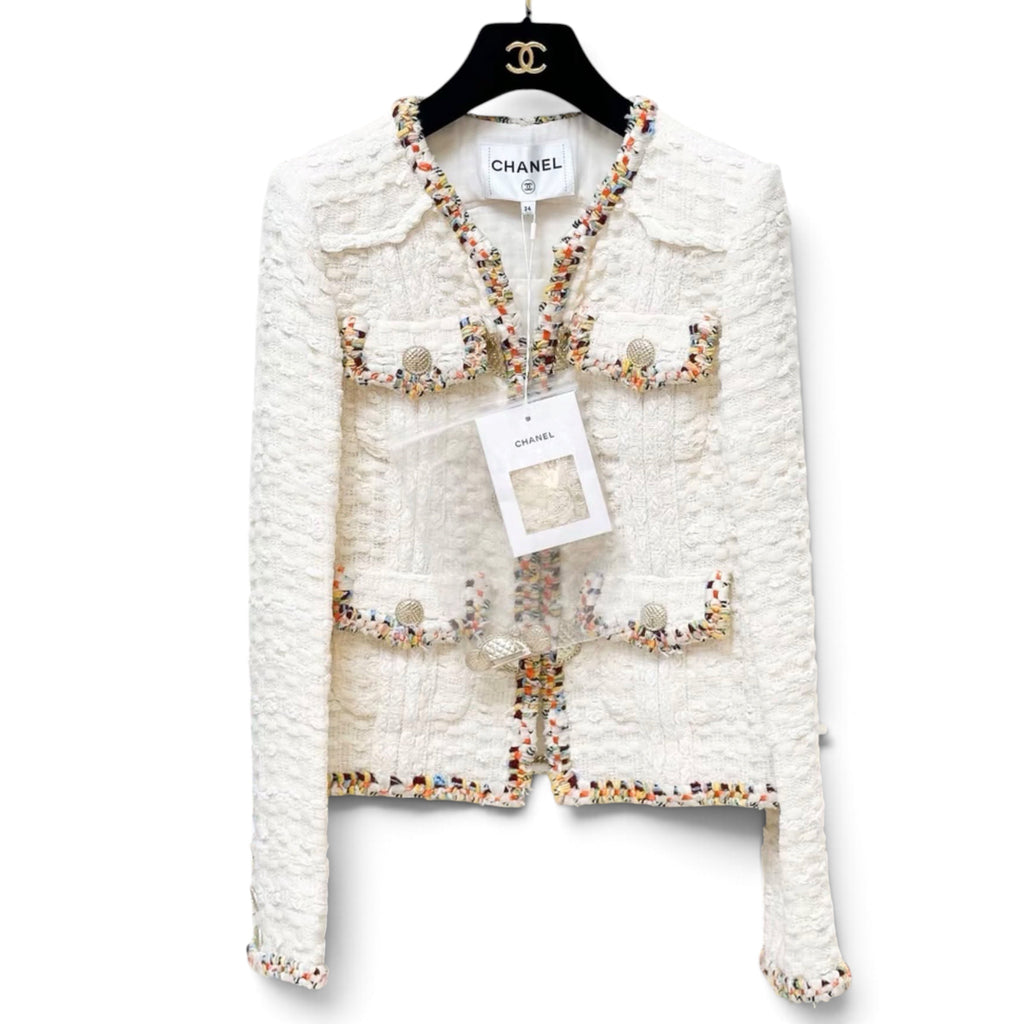 Chanel 2017 Paris-Cuba Runway Ivory Tweed Multicolor Trim Gold Button Jacket Sz 36