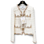 Chanel 2017 Paris-Cuba Runway Ivory Tweed Multicolor Trim Gold Button Jacket Sz 36