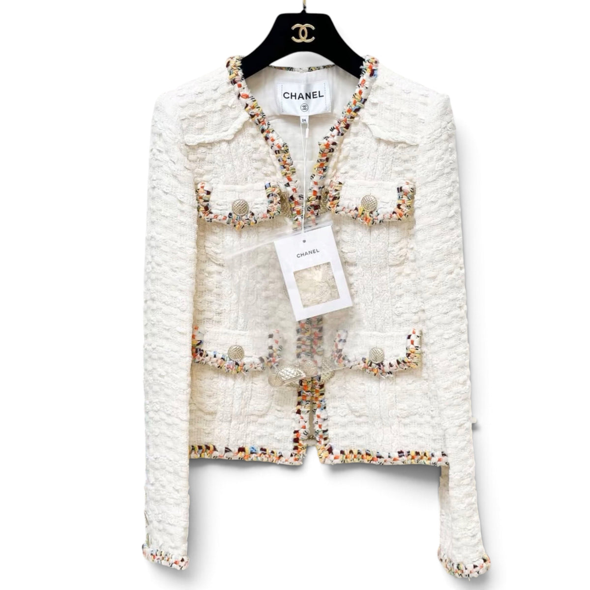 Chanel 2017 Paris-Cuba Runway Ivory Tweed Multicolor Trim Gold Button Jacket Sz 36
