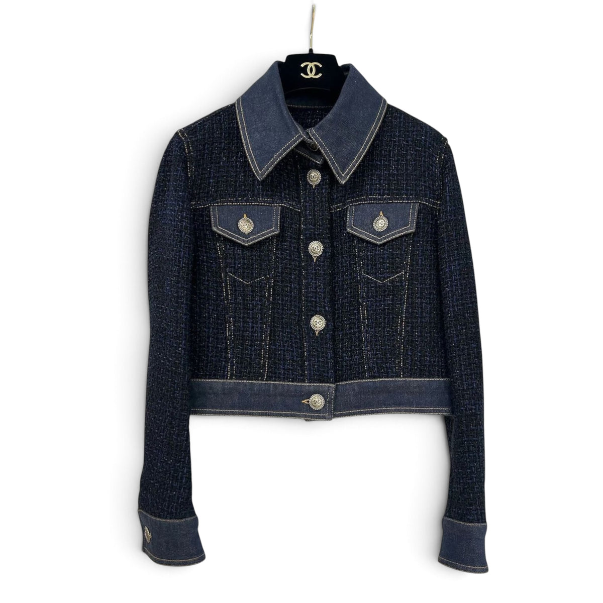 Chanel 2018 Blue Tweed Jean Jacket Sz 38