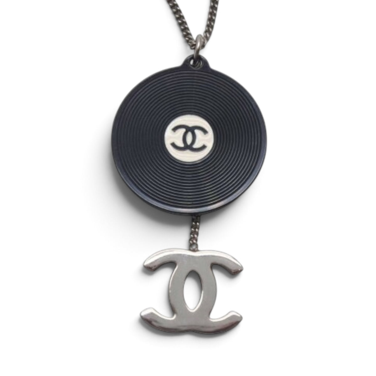Chanel 2004 Vinyl Record Black & Silver CC Pendant Necklace