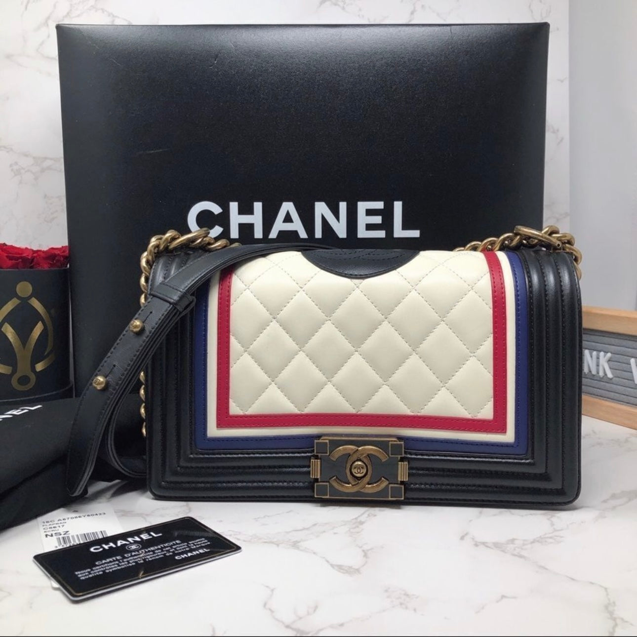 Chanel Crest Embellished Paris Limited Medium Boy Bag Flap Black White Blue