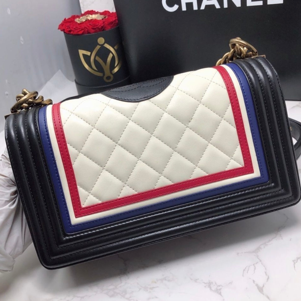 Chanel Crest Embellished Paris Limited Medium Boy Bag Flap Black White Blue