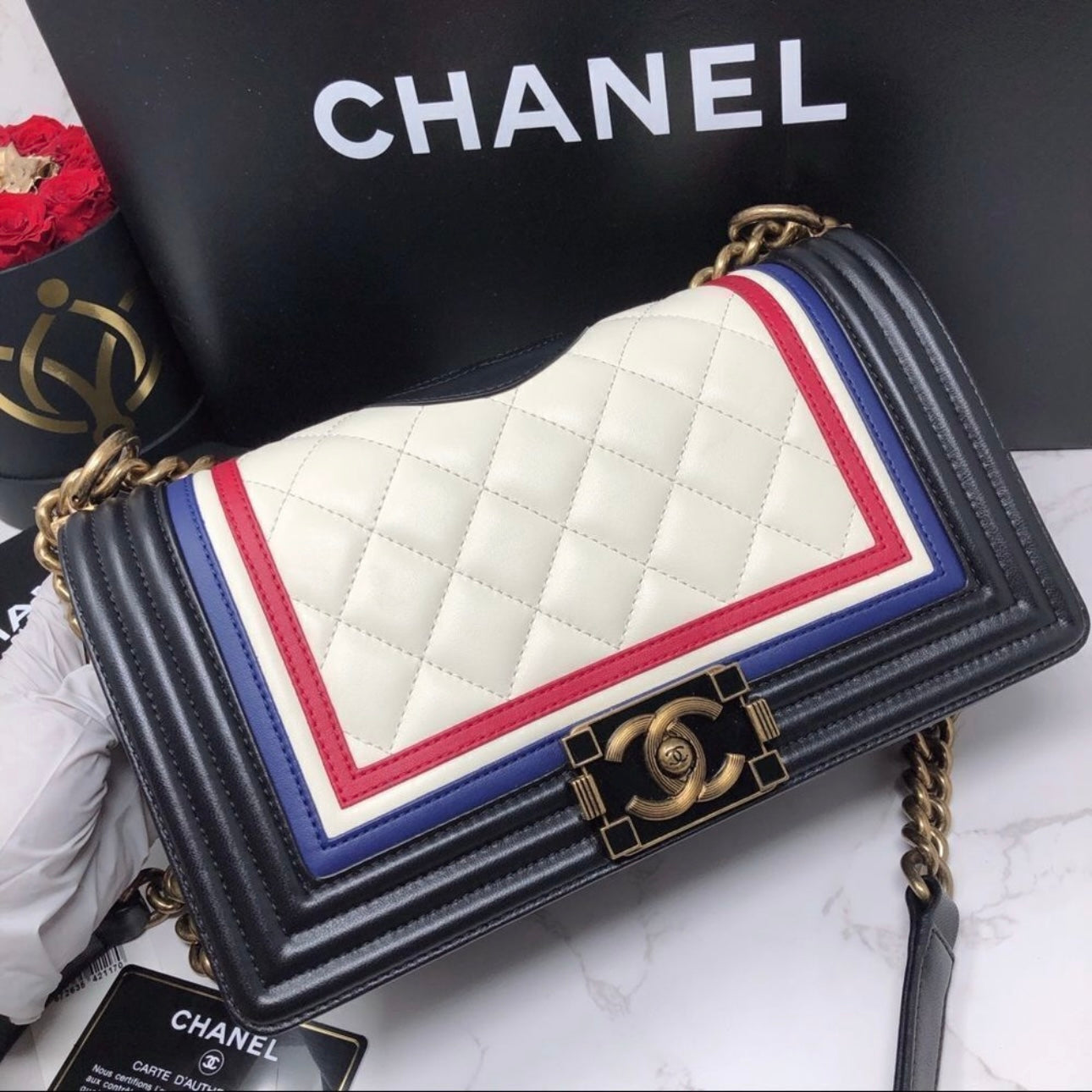 Chanel Crest Embellished Paris Limited Medium Boy Bag Flap Black White Blue