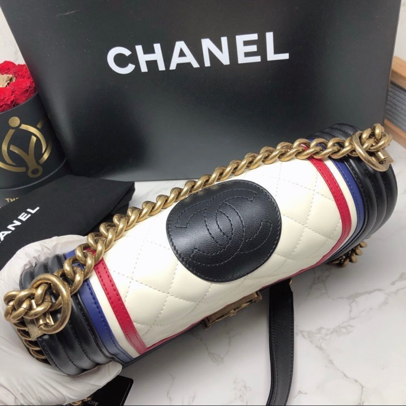 Chanel Crest Embellished Paris Limited Medium Boy Bag Flap Black White Blue