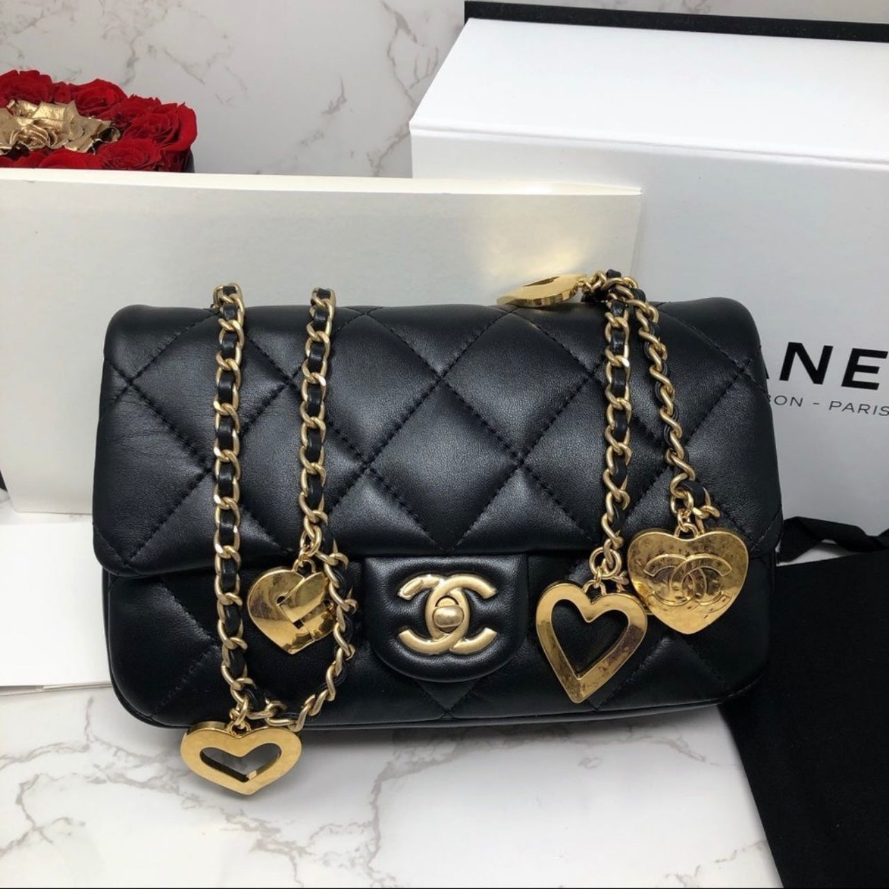 NEW - Chanel Black Quilted Mini Classic Flap Heart Charms - 2022