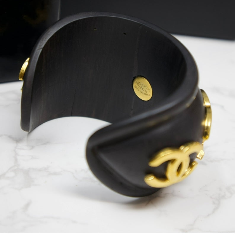 Chanel Vintage 92 Black Wood Cuff Bangle