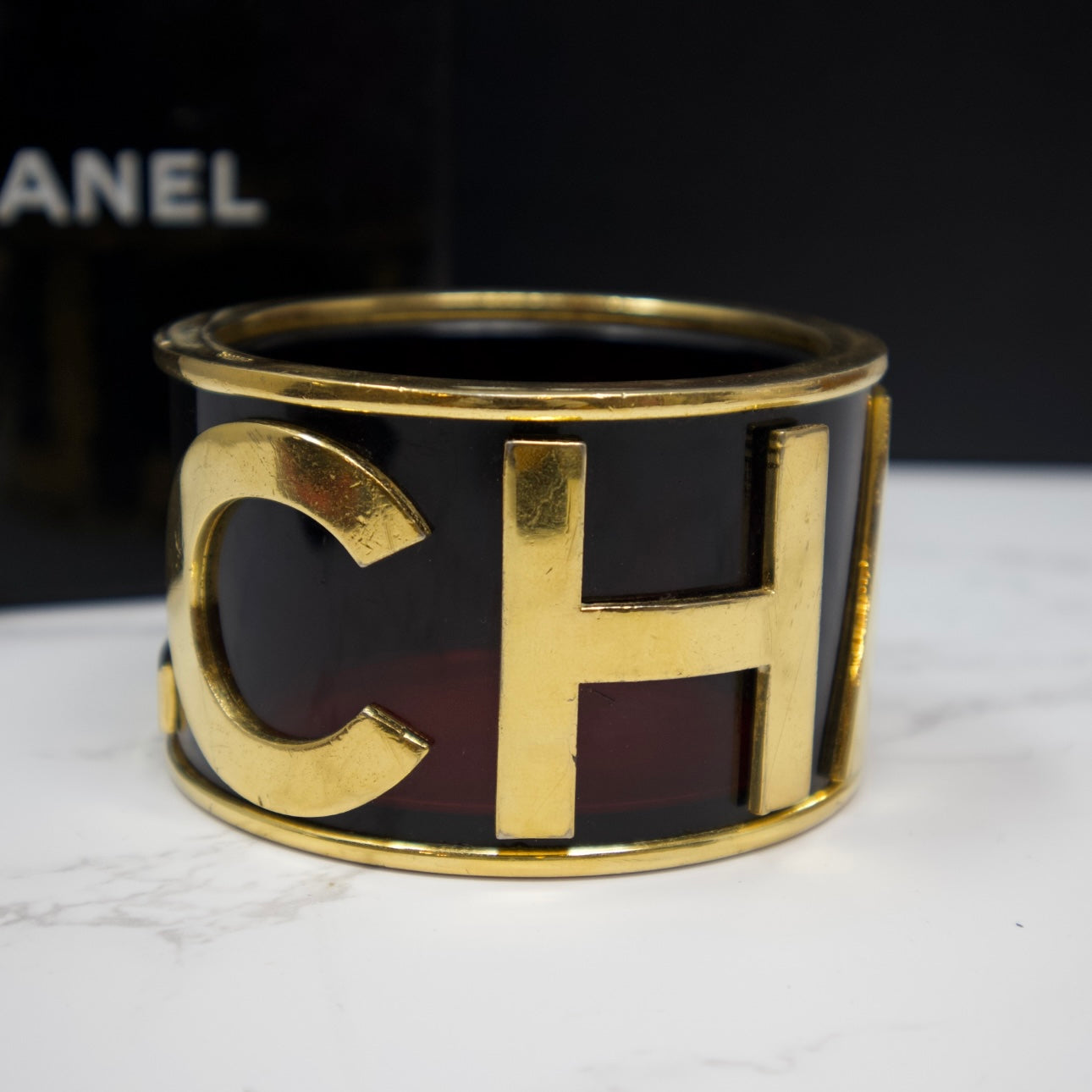 Chanel 80s Runway Black Logo Bangle Bracelet