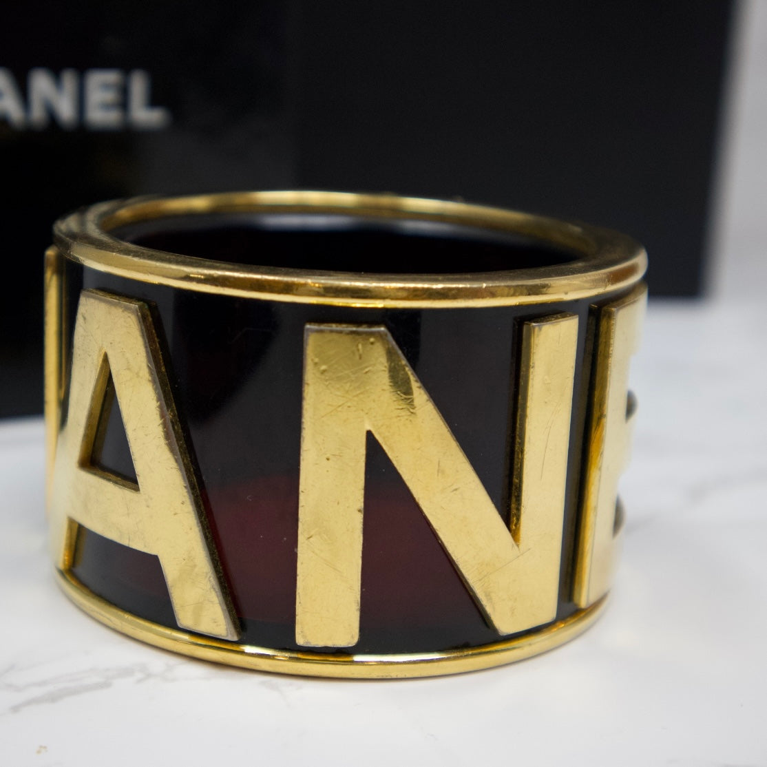 Chanel 80s Runway Black Logo Bangle Bracelet