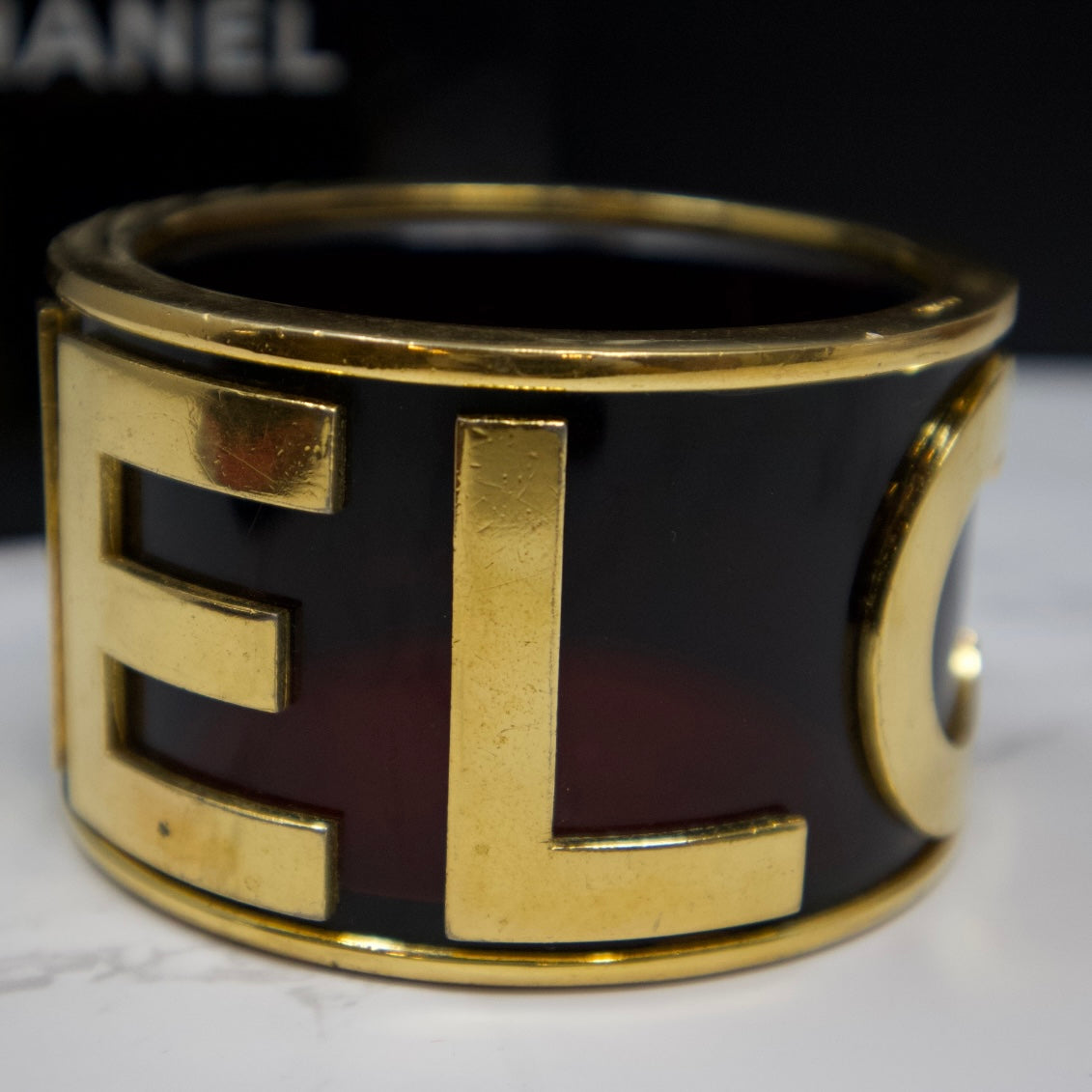 Chanel 80s Runway Black Logo Bangle Bracelet