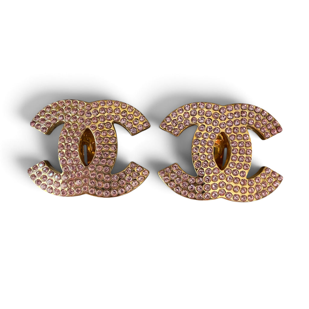 Chanel 2002 Vintage Oversized CC Pink Crystal Pavé Gold Clip-On Earrings