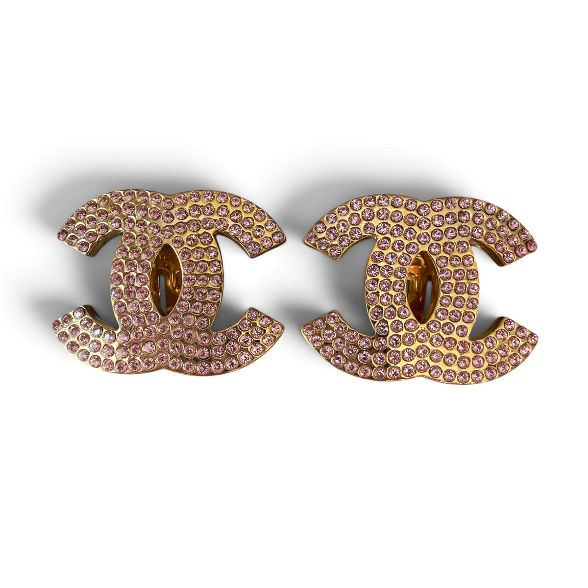 Chanel 2002 Vintage Oversized CC Pink Crystal Pavé Gold Clip-On Earrings