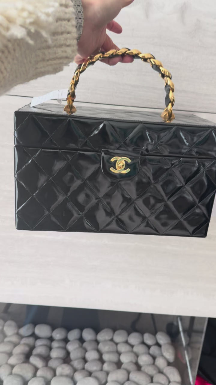 Chanel 1990s Black Patent Leather Quilted Box Vanity